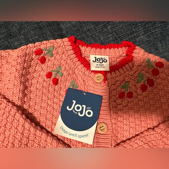 JoJo Maman Bébé Pink Cherry Textured Knit Embroidered Cardigan 6-7Y - Picture 3 of 4